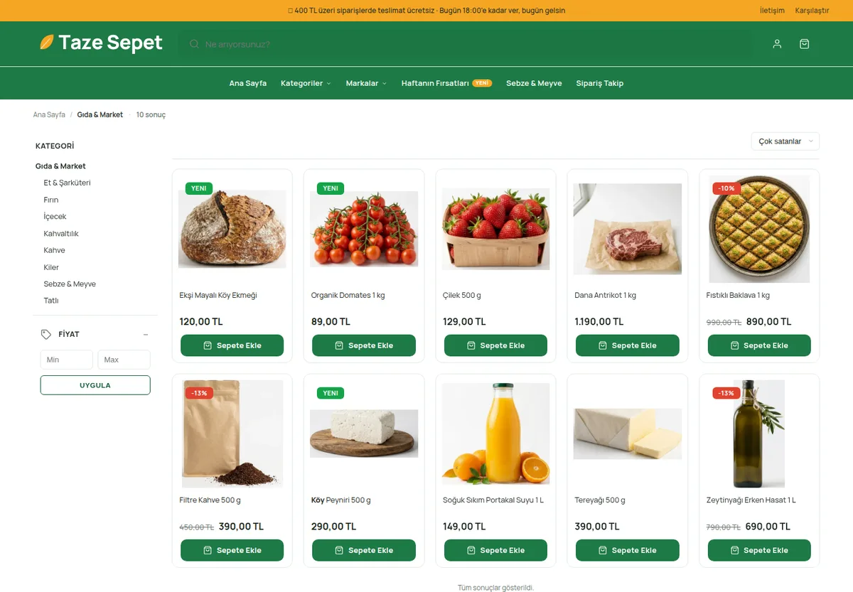 Çerçeveli kartlar, hep Sepete Ekle — e-ticaret sitesi ürün listeleme örneği