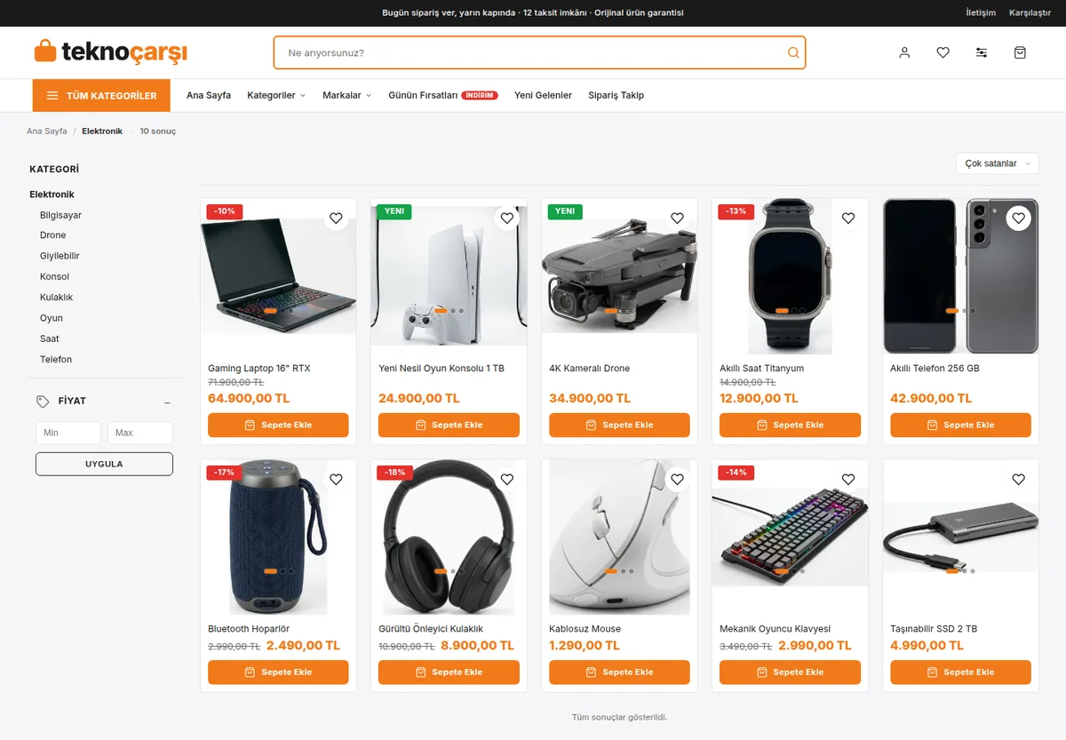 Sol süzgeç, 5 sütun yoğun liste — e-ticaret sitesi ürün listeleme örneği