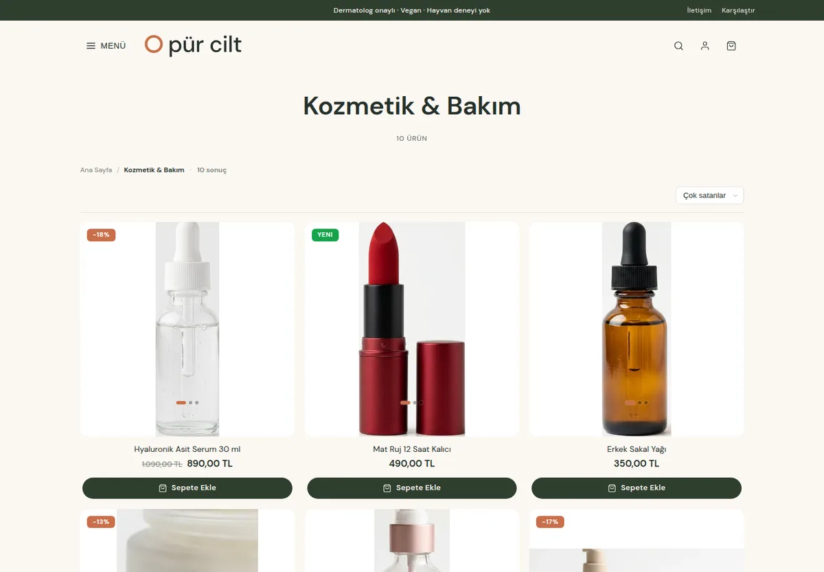 Süzgeçsiz sade liste — e-ticaret sitesi ürün listeleme örneği