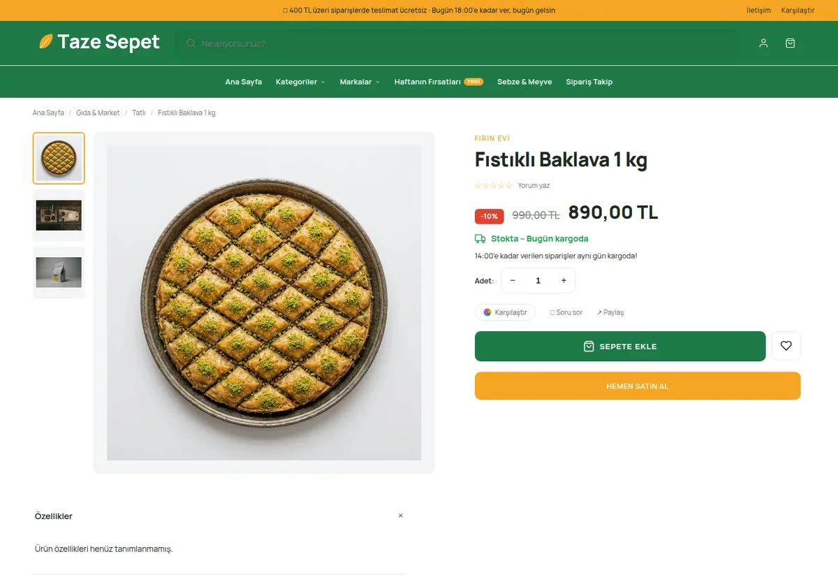 Açılır kapanır bilgi — e-ticaret sitesi ürün sayfası örneği
