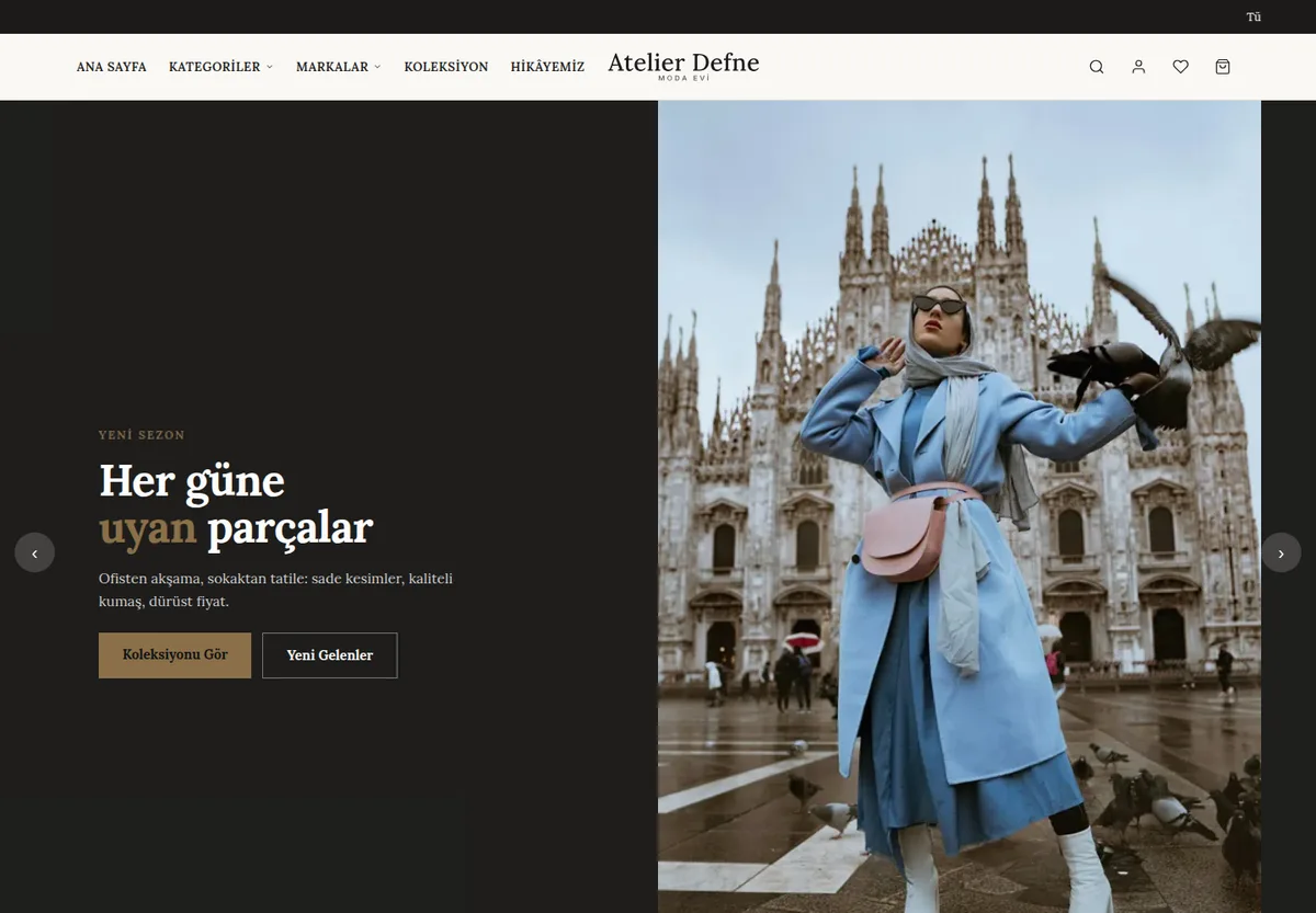 Moda Dergisi teması — Moda e-ticaret sitesi masaüstü görünümü