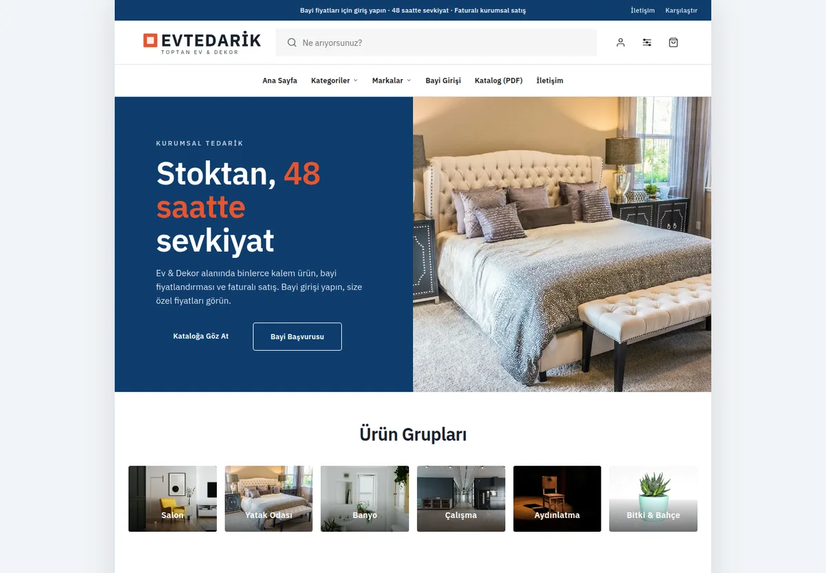 Katalog · Dar Sayfa teması — Ev & Dekor e-ticaret sitesi masaüstü görünümü