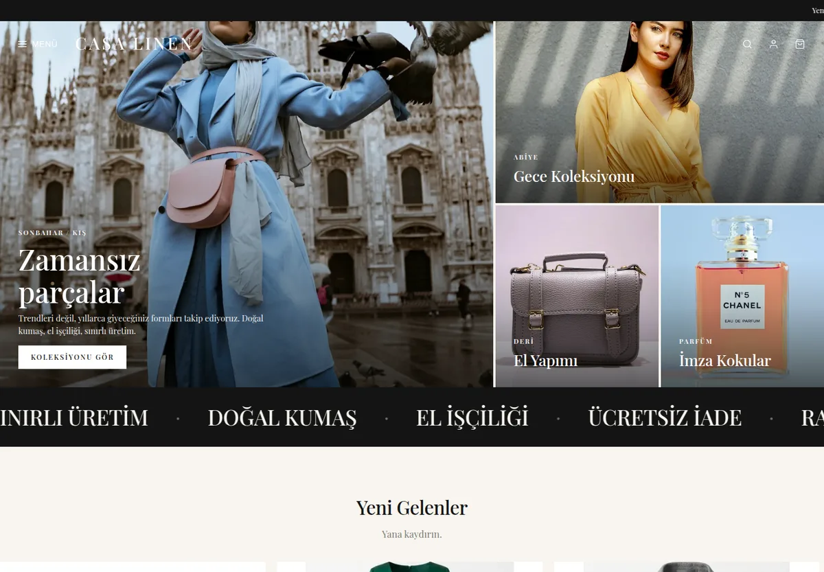 Lookbook Butik teması — Lüks & Butik e-ticaret sitesi masaüstü görünümü