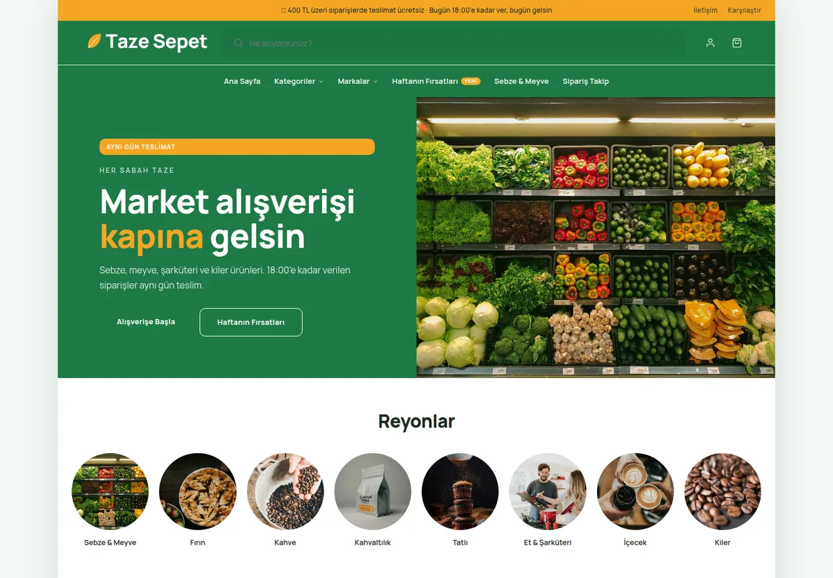 Taze Market · Orta Sayfa teması — Gıda & Market e-ticaret sitesi masaüstü görünümü
