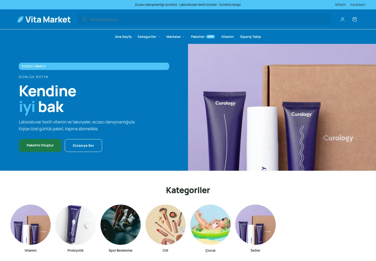 Sağlık Marketi teması — Sağlık & Takviye e-ticaret sitesi masaüstü görünümü