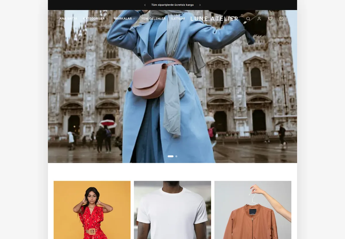 Sade · Dar Sayfa teması — Moda e-ticaret sitesi masaüstü görünümü