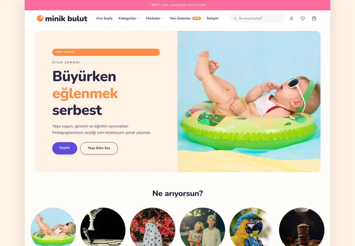 Neşeli · Orta Sayfa teması — Anne, Bebek & Oyuncak e-ticaret sitesi masaüstü görünümü