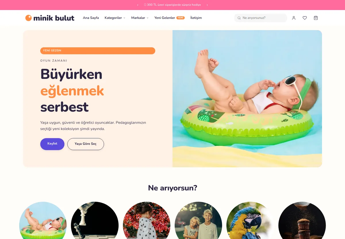 Neşeli teması — Anne, Bebek & Oyuncak e-ticaret sitesi masaüstü görünümü
