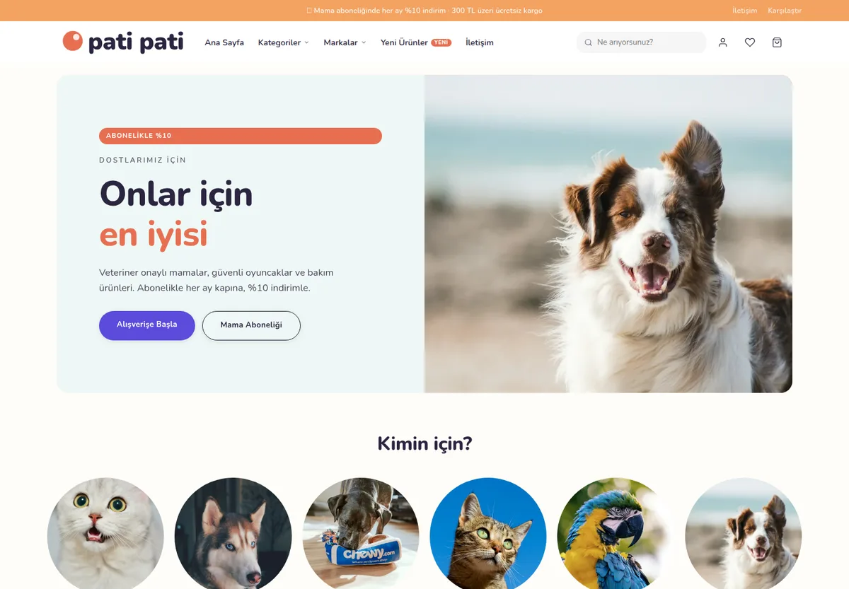 Neşeli Patiler teması — Evcil Hayvan e-ticaret sitesi masaüstü görünümü