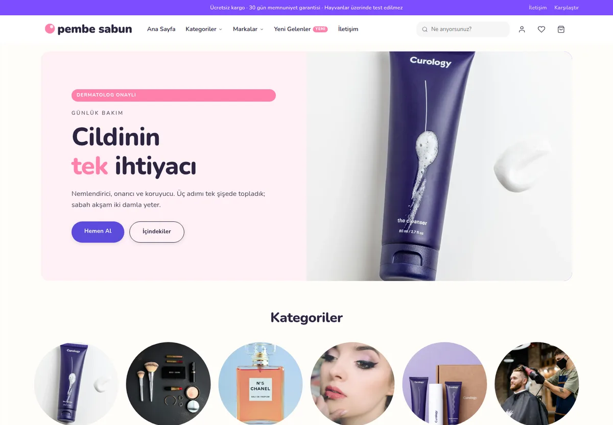 Neşeli Bakım teması — Kozmetik & Bakım e-ticaret sitesi masaüstü görünümü
