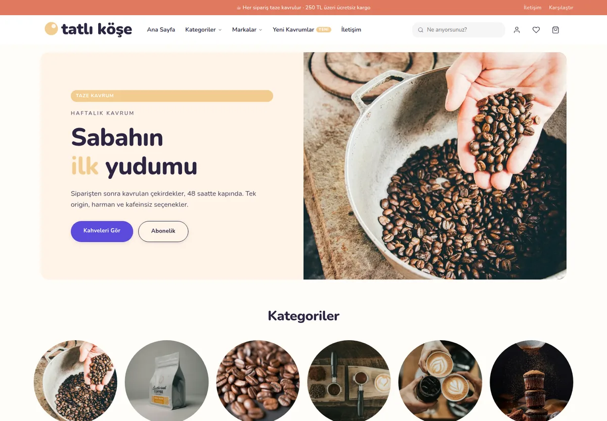 Neşeli Tatlı teması — Kahve & Tatlı e-ticaret sitesi masaüstü görünümü