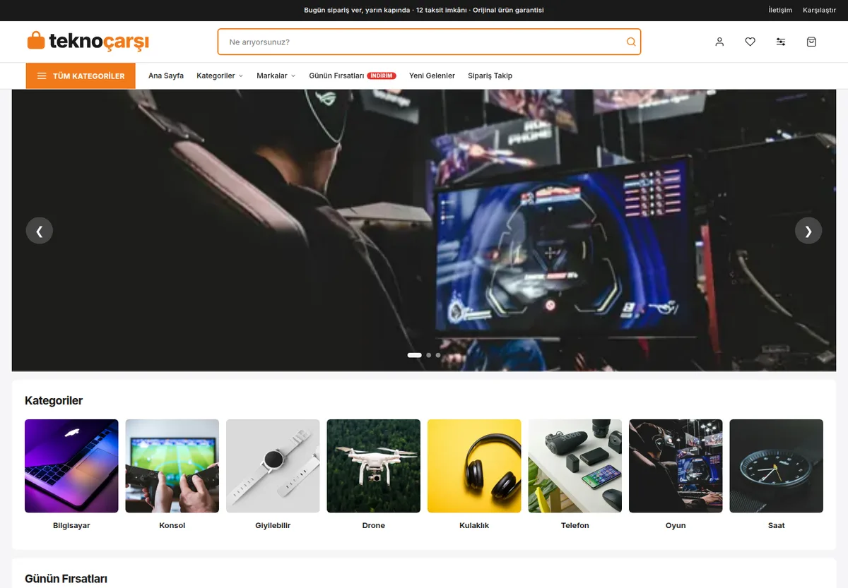 Mega Mağaza teması — Elektronik e-ticaret sitesi masaüstü görünümü