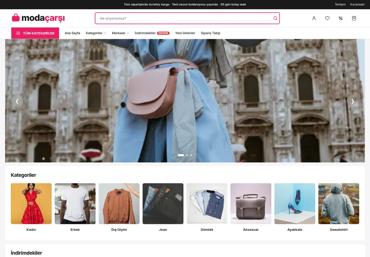 Mega Giyim teması — Moda e-ticaret sitesi masaüstü görünümü
