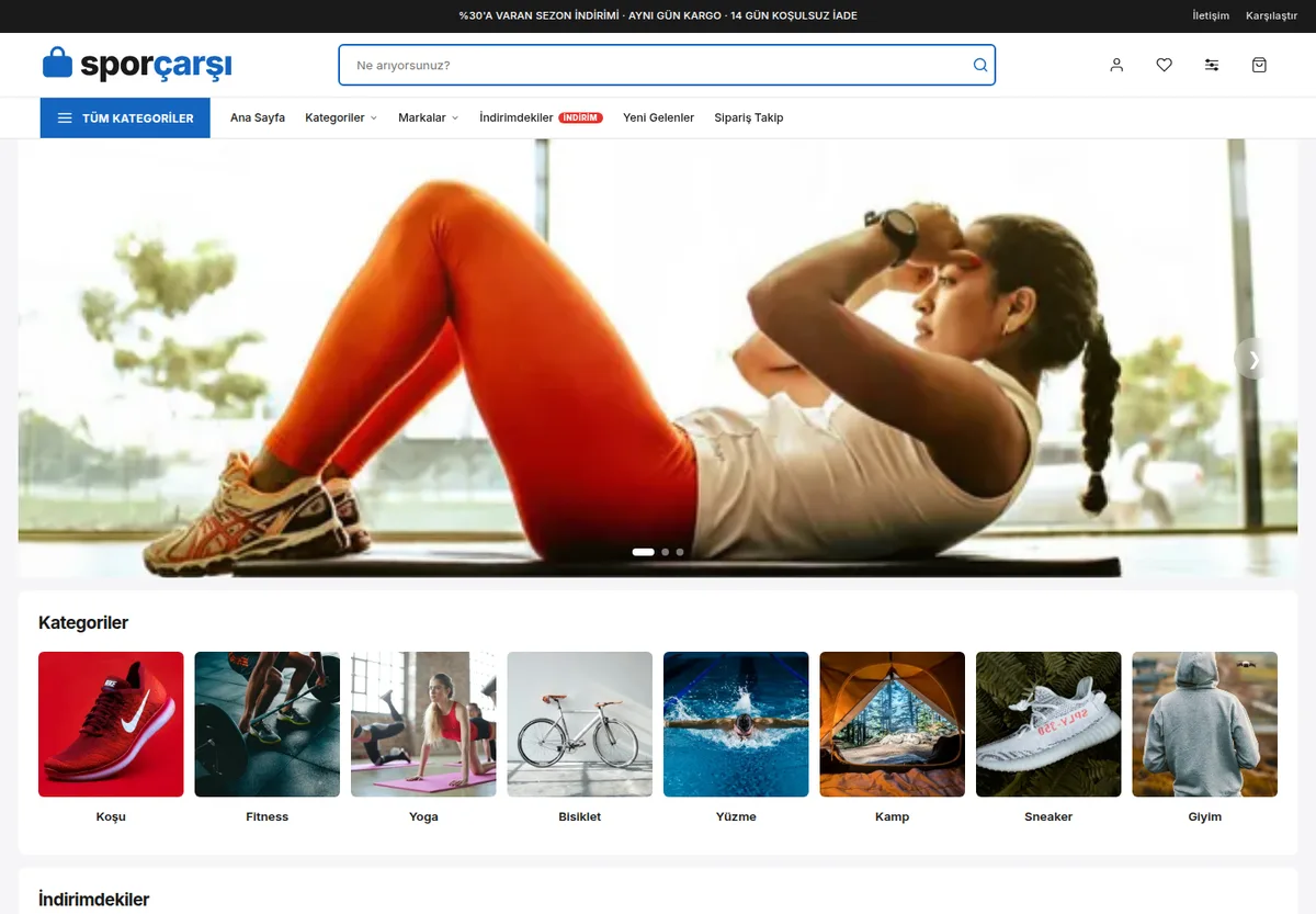 Mega Spor teması — Spor & Outdoor e-ticaret sitesi masaüstü görünümü