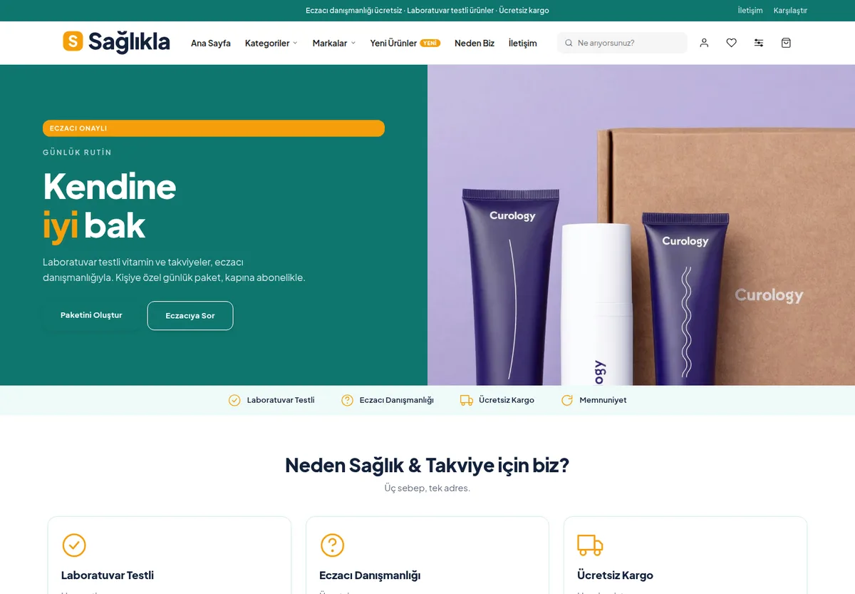 Tanıtım Sağlık teması — Sağlık & Takviye e-ticaret sitesi masaüstü görünümü