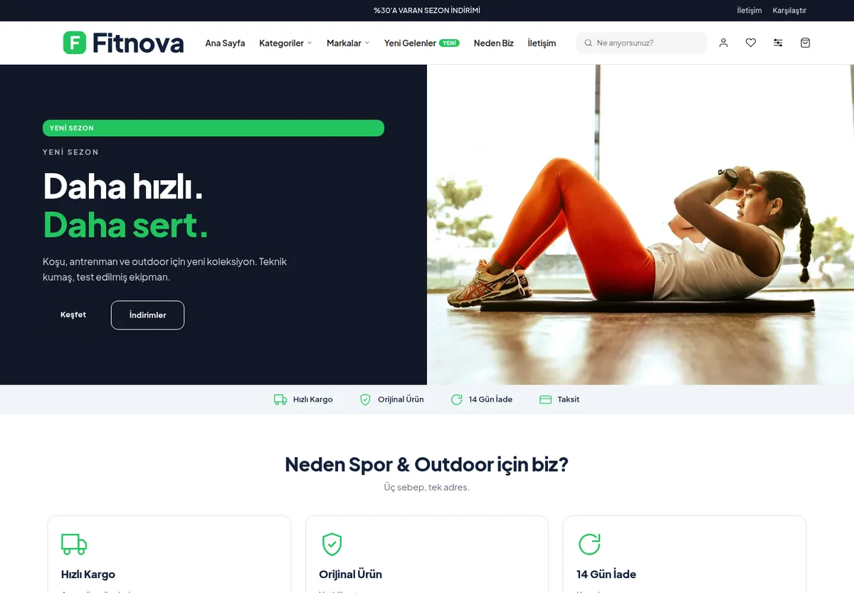 Tanıtım Spor teması — Spor & Outdoor e-ticaret sitesi masaüstü görünümü