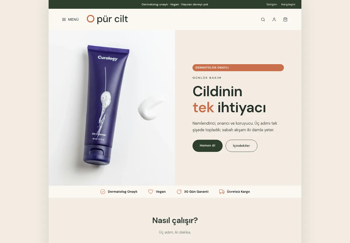 Tek Ürün · Dar Sayfa teması — Kozmetik & Bakım e-ticaret sitesi masaüstü görünümü