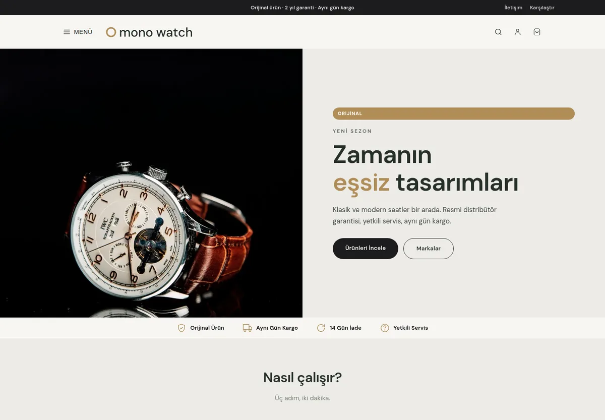 Tek Ürün Saat teması — Saat e-ticaret sitesi masaüstü görünümü