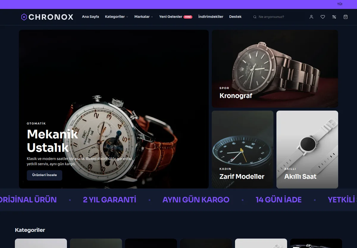Neon Zaman teması — Akıllı Saat & Saat e-ticaret sitesi masaüstü görünümü