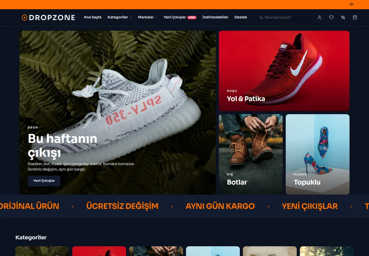 Neon Drop teması — Sneaker e-ticaret sitesi masaüstü görünümü