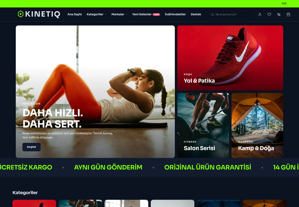 Neon Performans teması — Spor & Outdoor e-ticaret sitesi masaüstü görünümü
