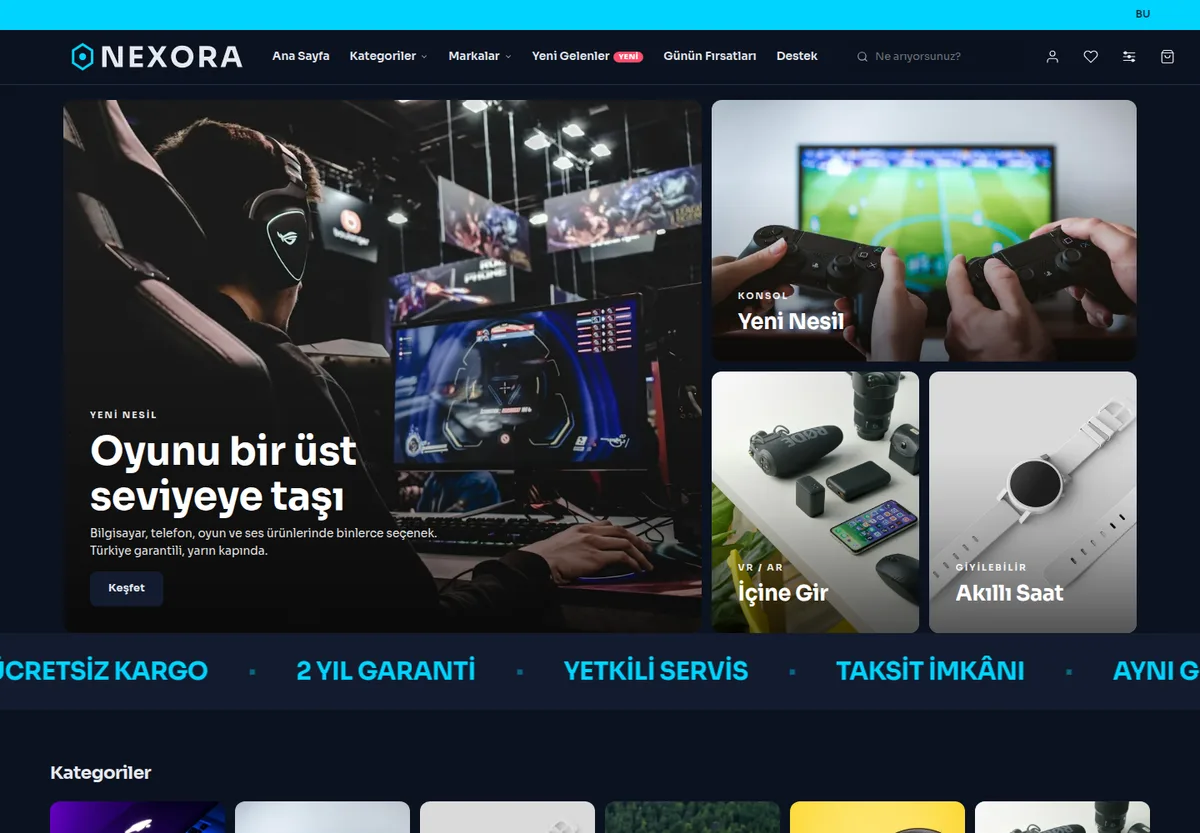 Neon Gece teması — Elektronik e-ticaret sitesi masaüstü görünümü